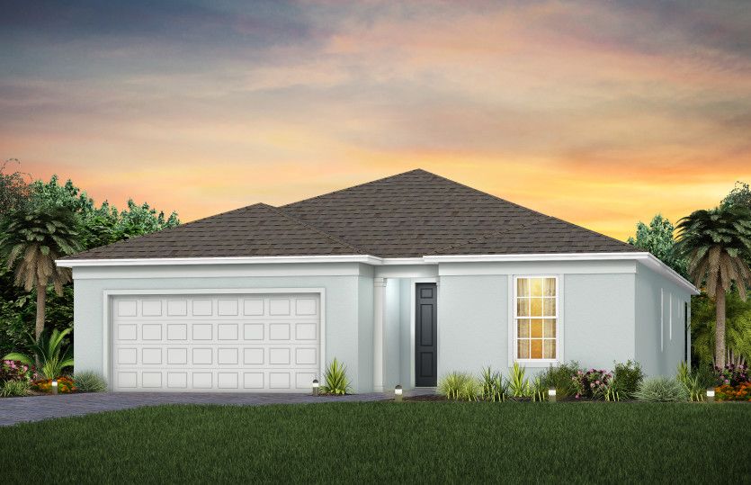 The Prosperity, a one-story single family home with a 2 car garage, shown as home exterior FM1