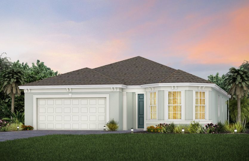 The Prosperity, a one-story single family home with a 2 car garage, shown as home exterior FM2
