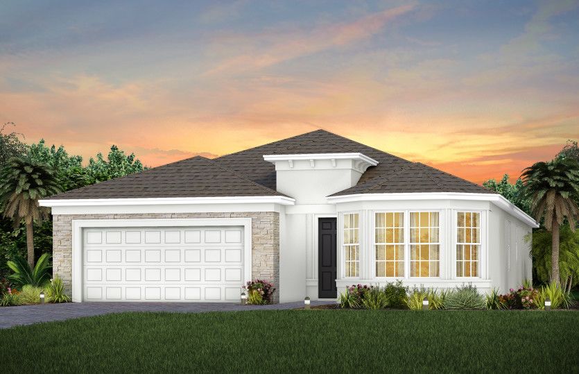 The Prosperity, a one-story single family home with a 2 car garage, shown as home exterior FM3