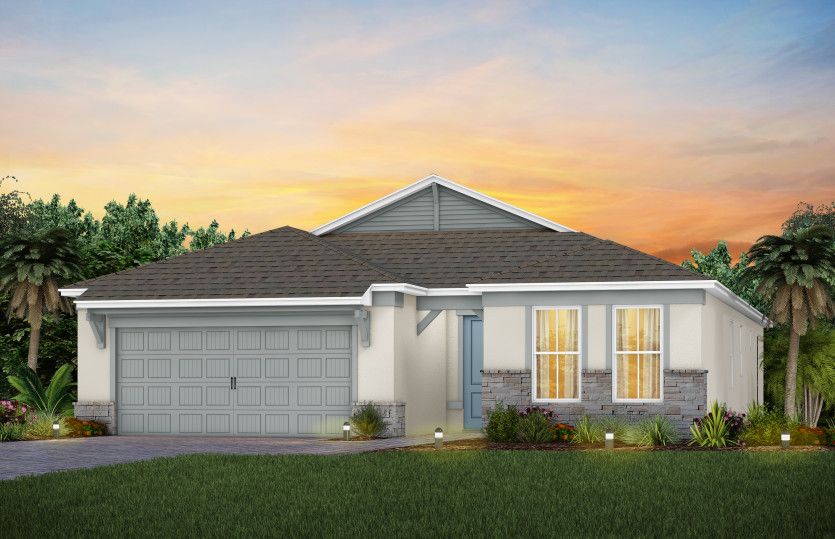 The Prosperity, a one-story single family home with a 2 car garage, shown as home exterior CO2A