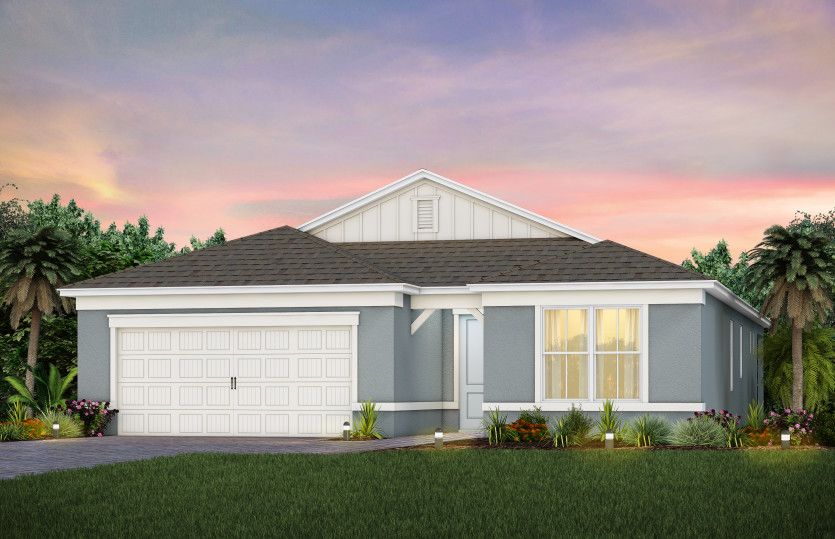 The Prosperity, a one-story single family home with a 2 car garage, shown as home exterior CO2B