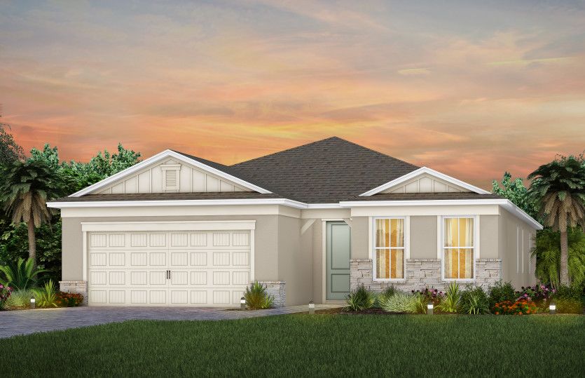The Mystique, a one-story single family home with a 2 car garage, shown as home exterior CO2B