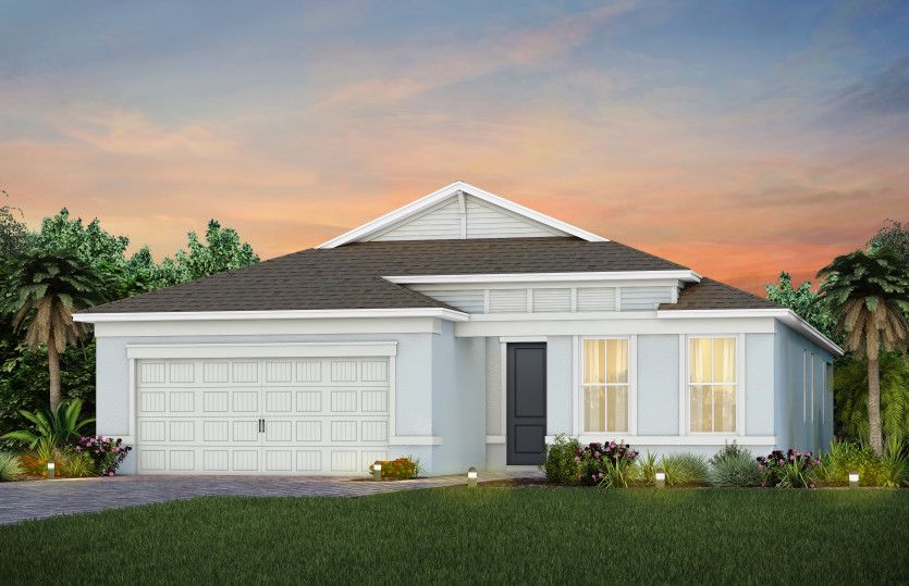 The Mystique, a one-story single family home with a 2 car garage, shown as home exterior CO2A