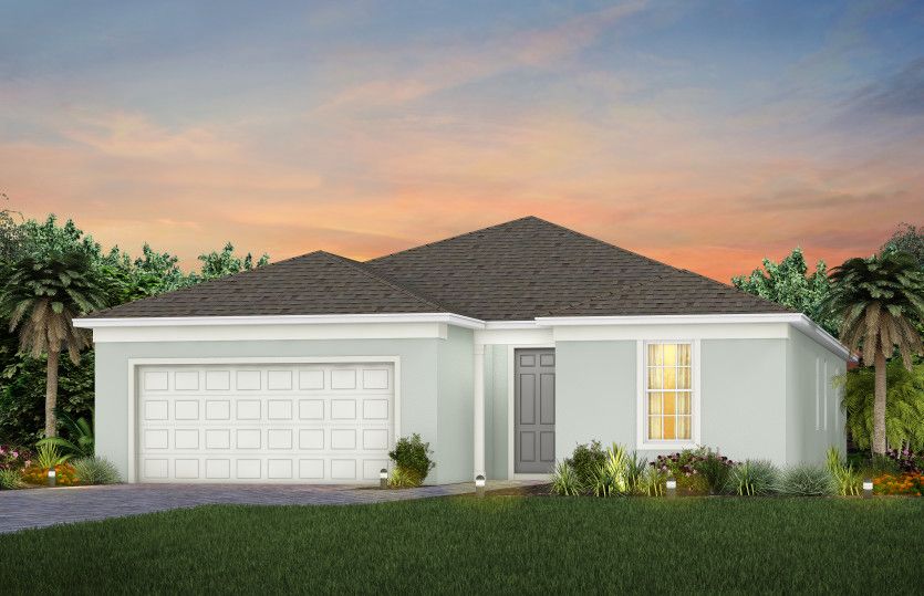 The Mystique, a one-story single family home with a 2 car garage, shown as home exterior FM1