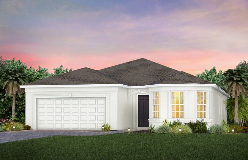 The Mystique, a one-story single family home with a 2 car garage, shown as home exterior FM2