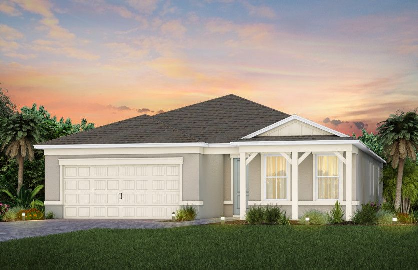 The Mystique, a one-story single family home with a 2 car garage, shown as home exterior CO3