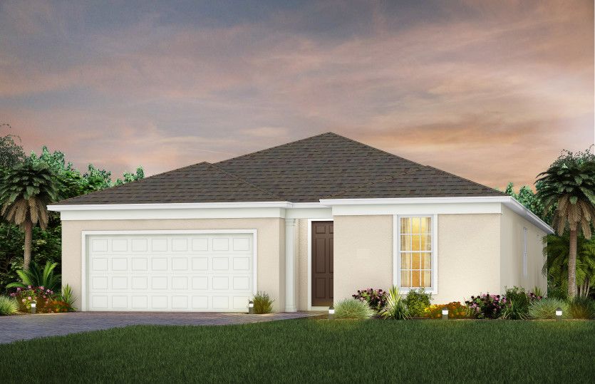 The Palmary, a one-story single family home with a 2 car garage, shown as home exterior FM1