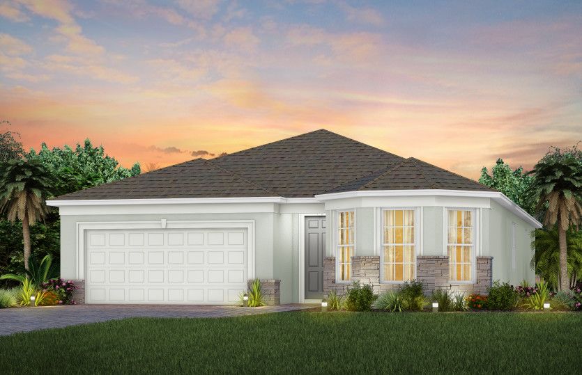 The Palmary, a one-story single family home with a 2 car garage, shown as home exterior FM2