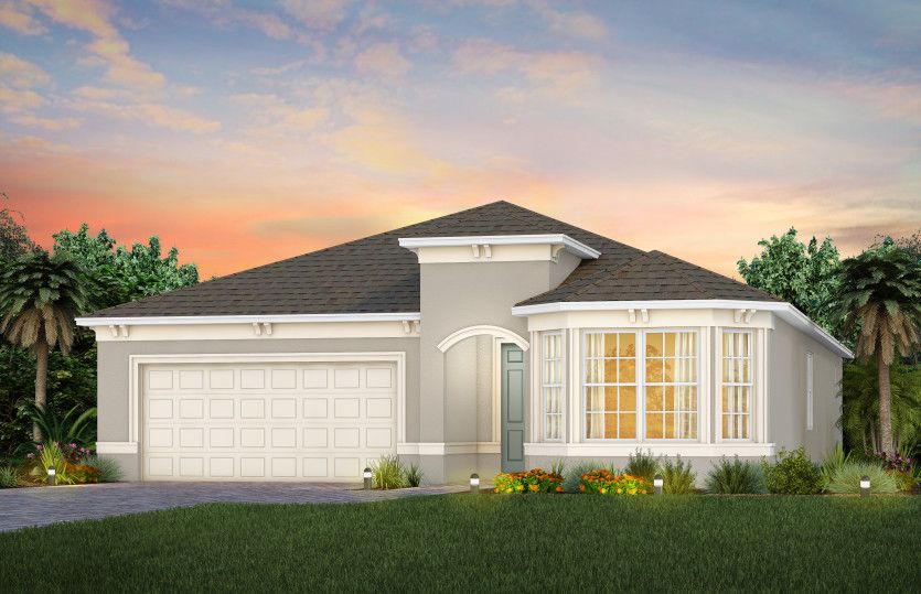 The Prestige, a one-story single family home with a 2 car garage, shown as home exterior FM3