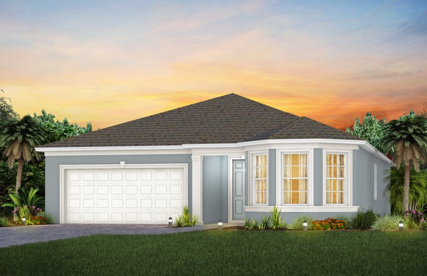 The Prestige, a one-story single family home with a 2 car garage, shown as home exterior FM2