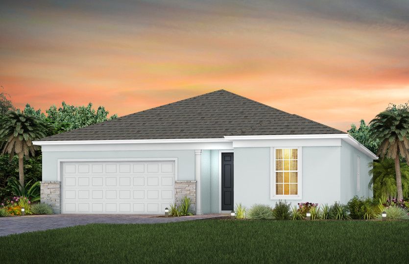 The Prestige, a one-story single family home with a 2 car garage, shown as home exterior FM1