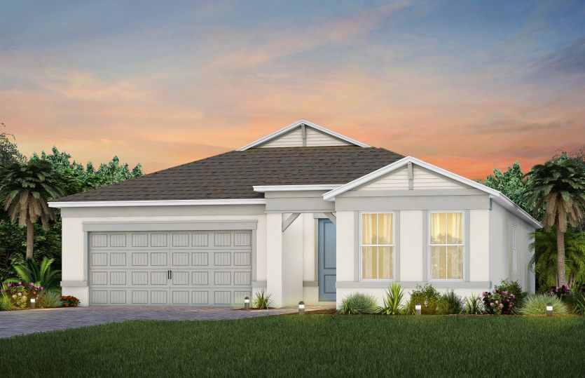The Prestige, a one-story single family home with a 2 car garage, shown as home exterior CO2A