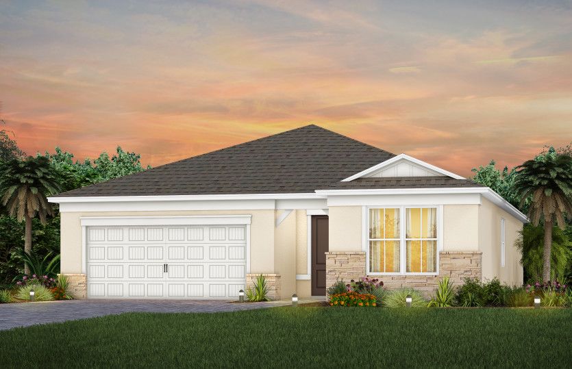 The Prestige, a one-story single family home with a 2 car garage, shown as home exterior CO2B