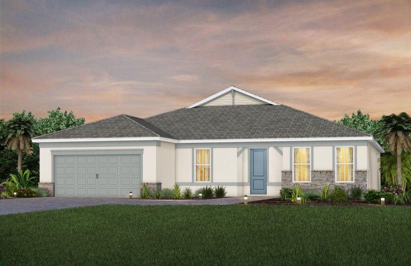 The Stardom, a one-story single family home with a 2 car garage, shown as home exterior CO2A
