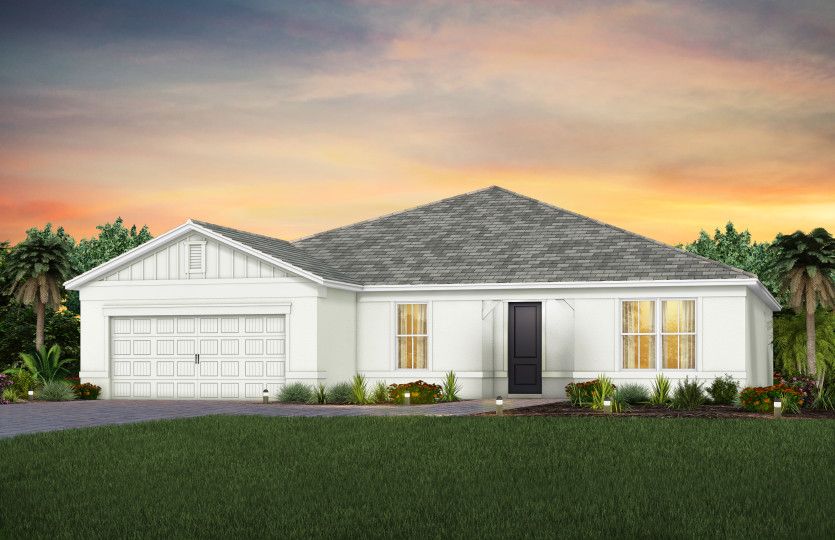The Stardom, a one-story single family home with a 2 car garage, shown as home exterior CO2B