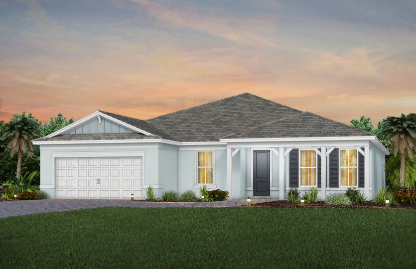The Stardom, a one-story single family home with a 2 car garage, shown as home exterior CO3