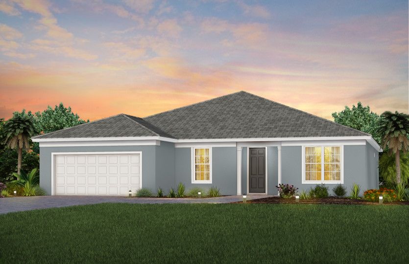 The Stardom, a one-story single family home with a 2 car garage, shown as home exterior FM1