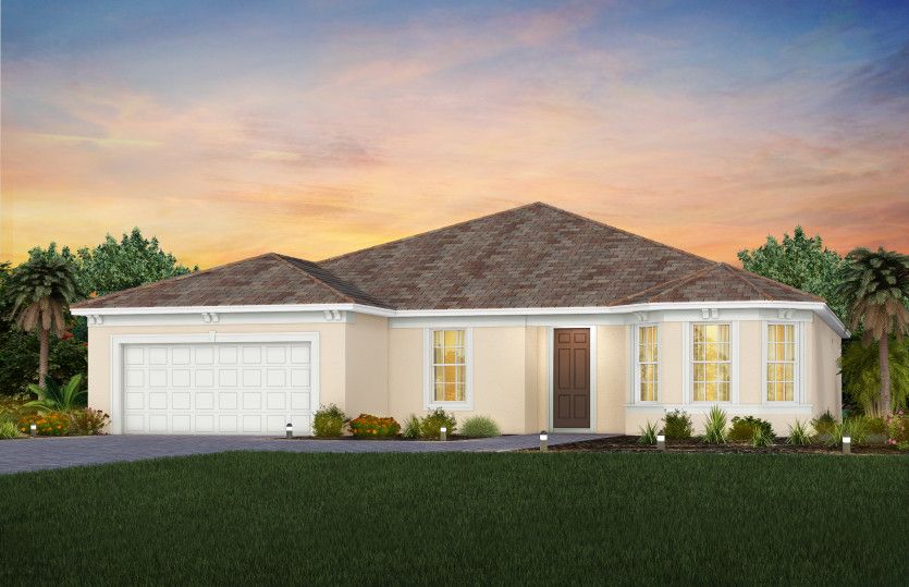 The Stardom, a one-story single family home with a 2 car garage, shown as home exterior FM2