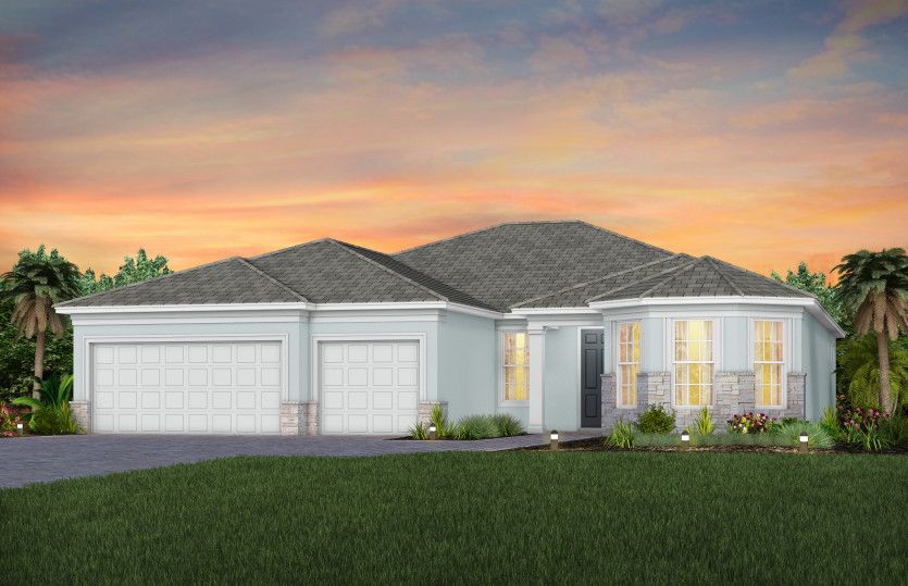 The Stellar, a one-story single family home with a 2.5 car garage, shown as home exterior FM2