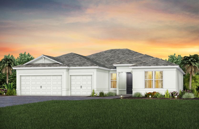 The Stellar, a one-story single family home with a 2.5 car garage, shown as home exterior CO2A