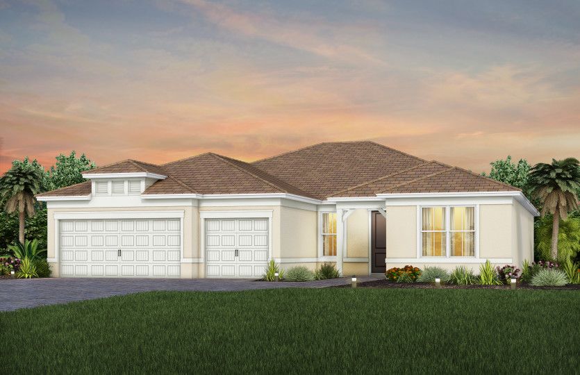 The Stellar, a one-story single family home with a 2.5 car garage, shown as home exterior CO2B