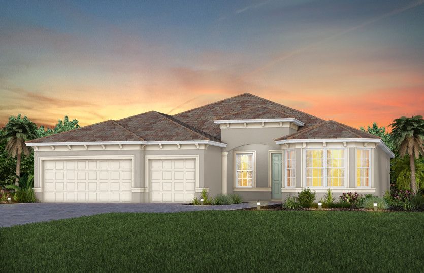 The Stellar, a one-story single family home with a 2.5 car garage, shown as home exterior FM3