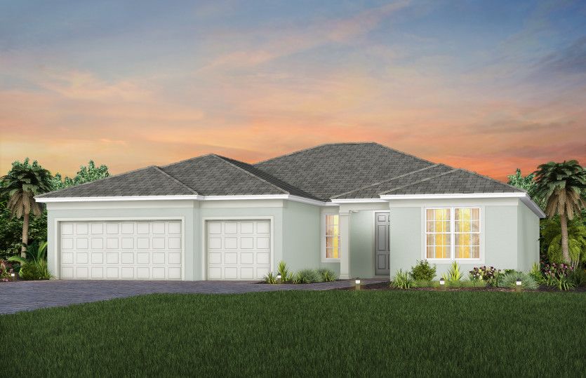 The Stellar, a one-story single family home with a 2.5 car garage, shown as home exterior FM1