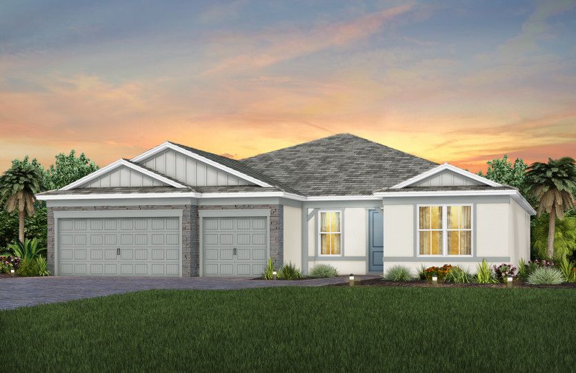 The Stellar, a one-story single family home with a 2.5 car garage, shown as home exterior CO3