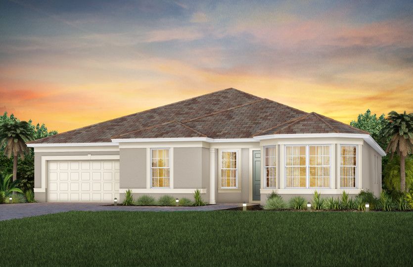 The Reverence, a one-story single family home with a 2 car garage, shown as home exterior FM3