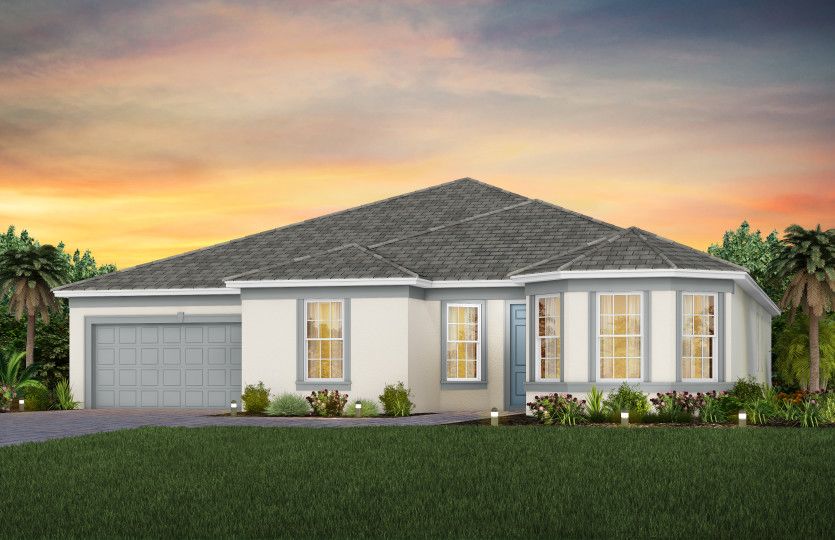 The Reverence, a one-story single family home with a 2 car garage, shown as home exterior FM2
