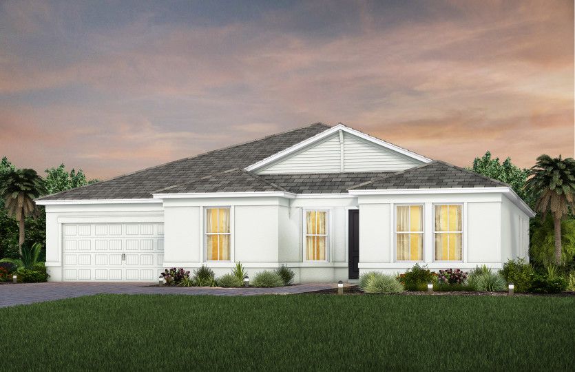 The Reverence, a one-story single family home with a 2 car garage, shown as home exterior CO2A