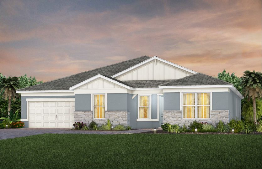 The Reverence, a one-story single family home with a 2 car garage, shown as home exterior CO2B