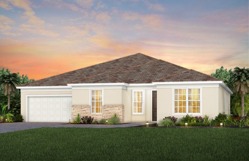 The Reverence, a one-story single family home with a 2 car garage, shown as home exterior FM1