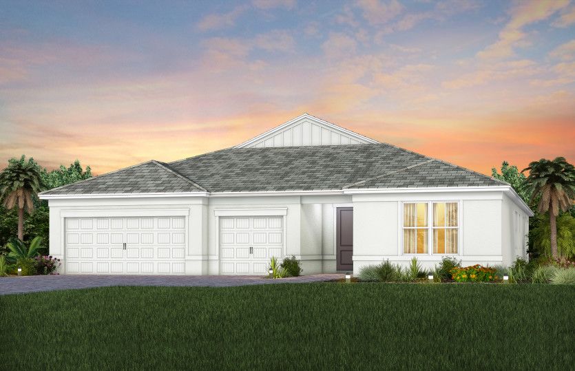 The Renown, a one-story single family home with a 3 car garage, shown as home exterior CO2B
