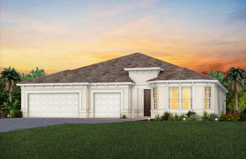 The Renown, a one-story single family home with a 3 car garage, shown as home exterior FM3