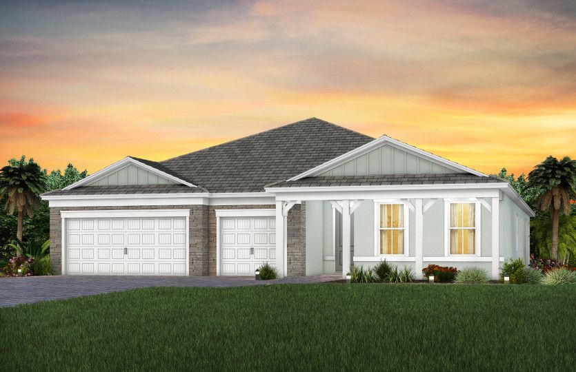 The Renown, a one-story single family home with a 3 car garage, shown as home exterior CO3