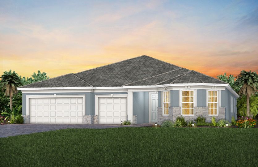 The Renown, a one-story single family home with a 3 car garage, shown as home exterior FM2
