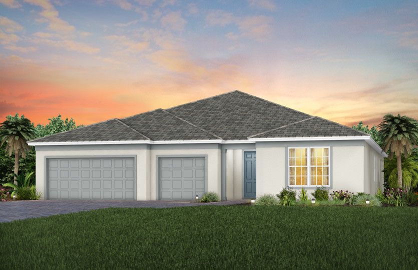The Renown, a one-story single family home with a 3 car garage, shown as home exterior FM1