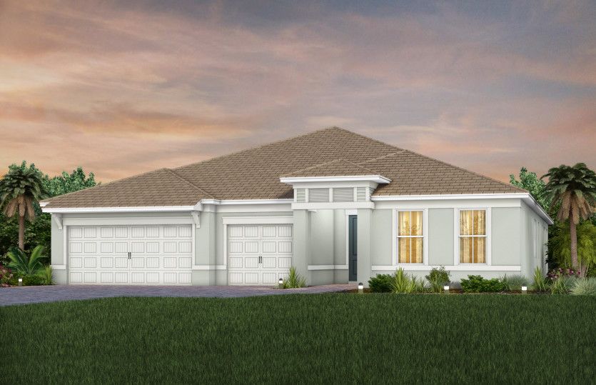 The Renown, a one-story single family home with a 3 car garage, shown as home exterior CO2A