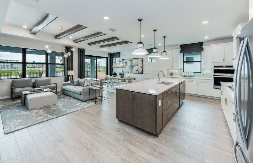 Connected kitchen, gathering room, and café