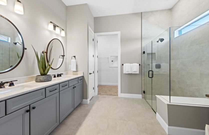 Owner's bathroom with dual sink vanity & large shower