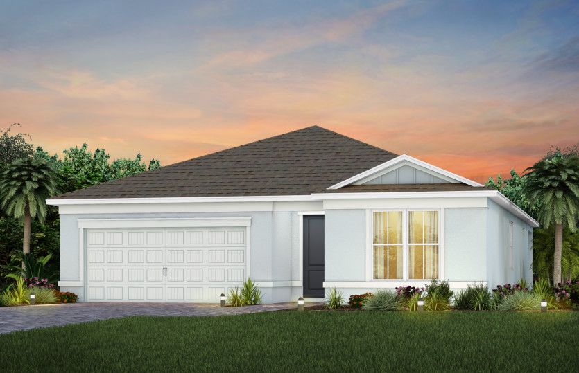 The Palmary, a one-story single family home with a 2 car garage, shown as home exterior CO2B