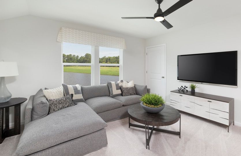 The upstairs loft has plenty of spaced to accommodate guests. Model Representation.