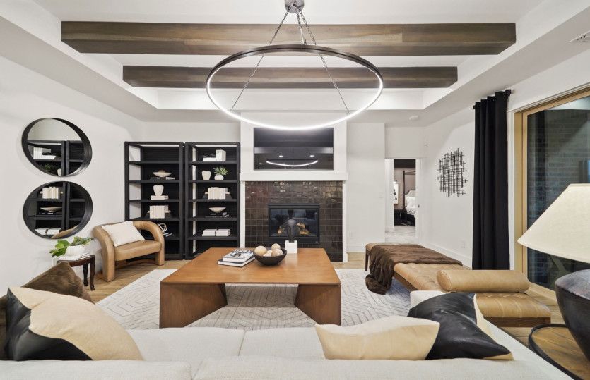 Gathering Room with Tray Ceiling and Transitional Fireplace
