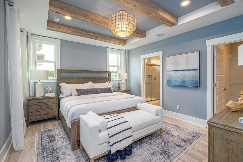 Elegant Owner's Suite with shiplap ceiling detail and tray ceiling