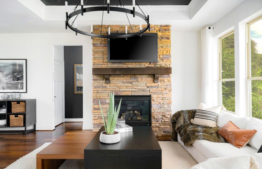 Stacked Stone Fireplace and Tray Ceiling