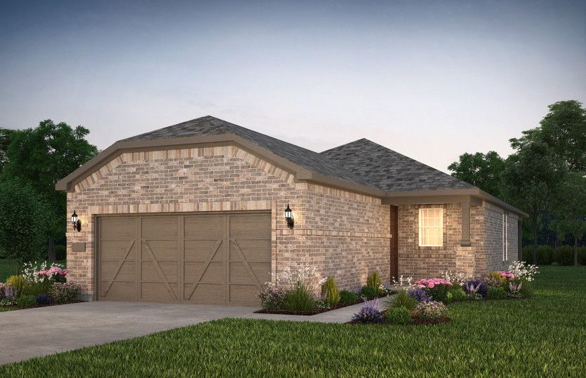 The Alpine, a one-story home with 2-car garage, shown with home exterior LS202