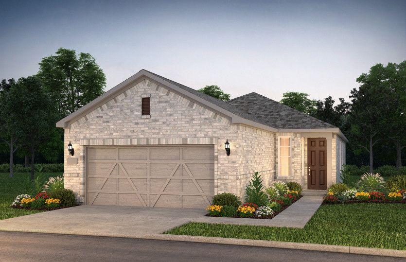 The Compass, a one-story home with 2-car garage, shown with Home Exterior LS201