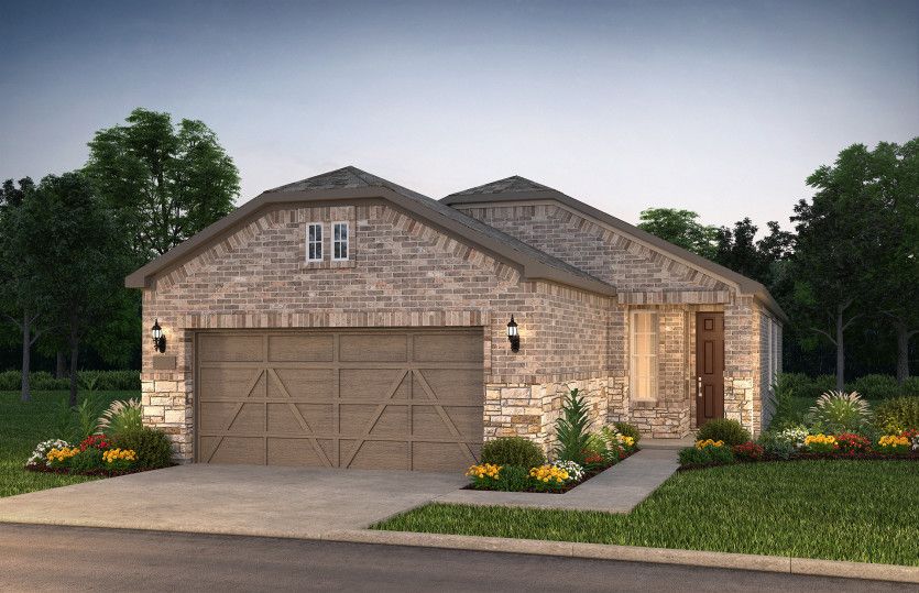 The Compass, a one-story home with 2-car garage, shown with Home Exterior LS203