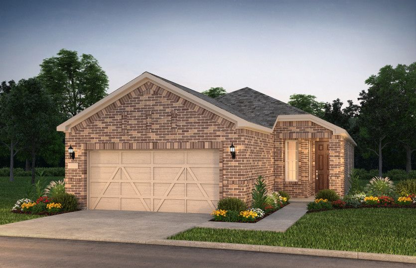 The Compass, a one-story home with 2-car garage, shown with Home Exterior LS202